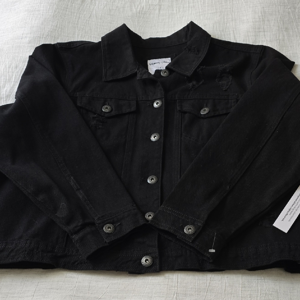 Highway Jeans Distressed Jean Jacket Size:1X Black